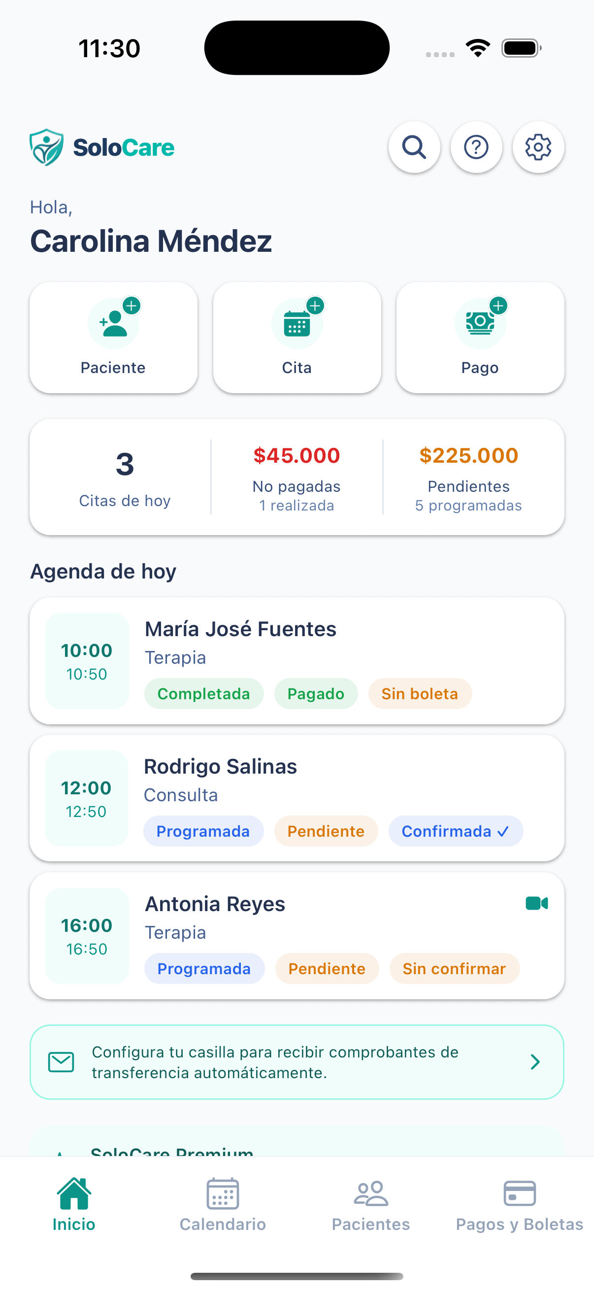 Inicio de la app de SoloCare en un iPhone con la agenda del día y el estado de pago de cada cita