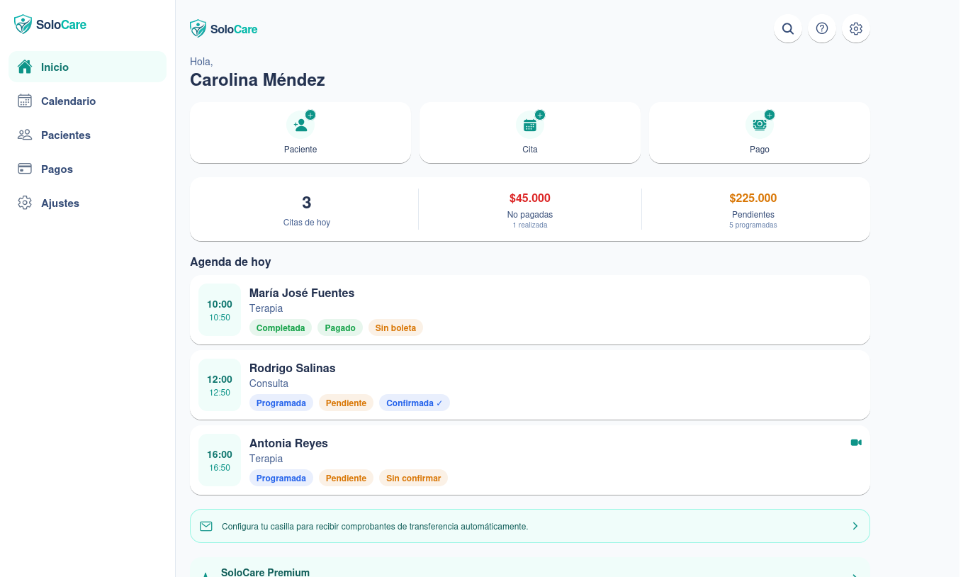Panel de inicio de SoloCare en el navegador: agenda del día, citas por cobrar y accesos rápidos